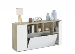 Credenza Crisantemo, 150x41h76 cm, Bianco e Rovere<Dmora Fashion