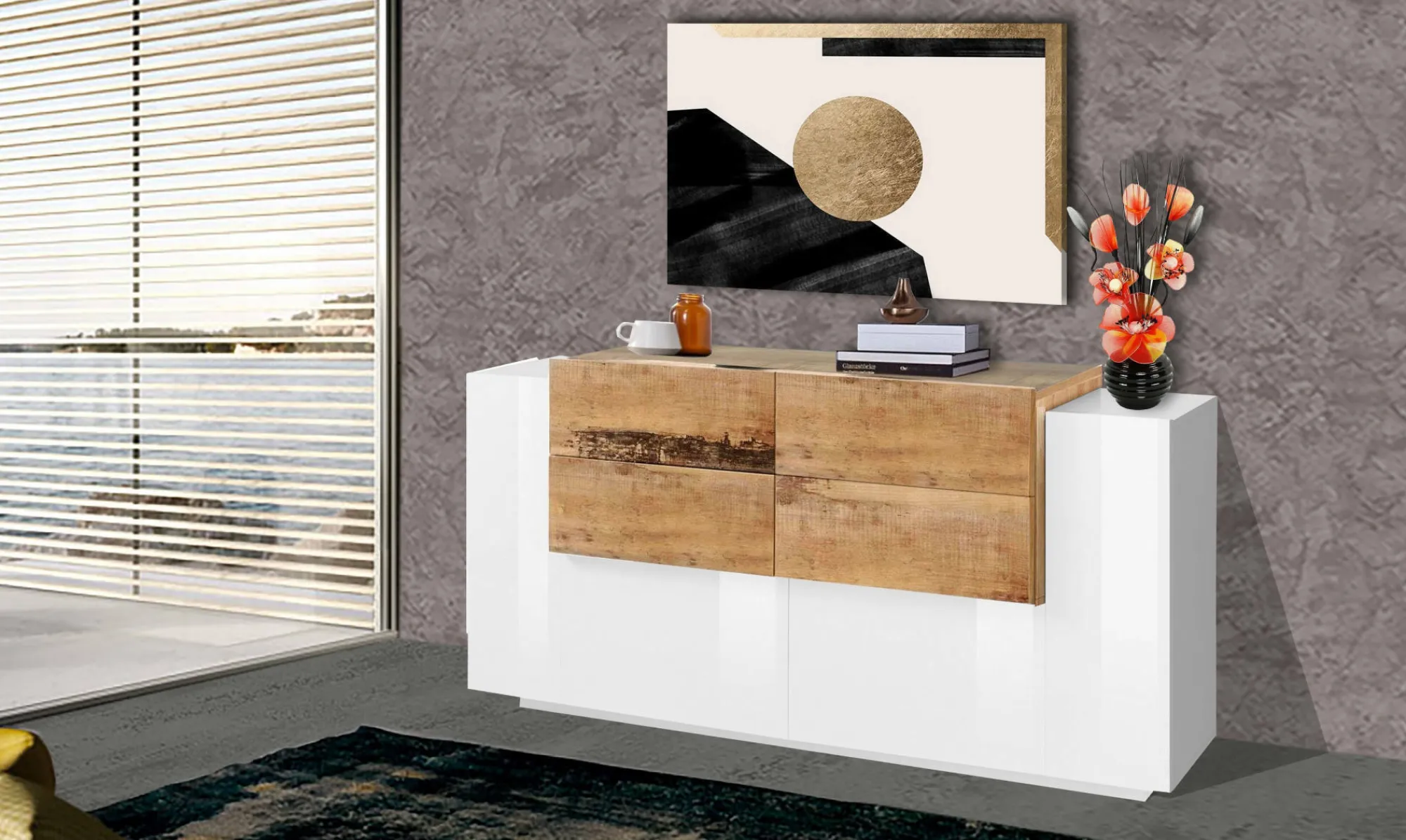 Credenza Daas, cm 160x45h86, Bianco lucido e Acero<Dmora Clearance