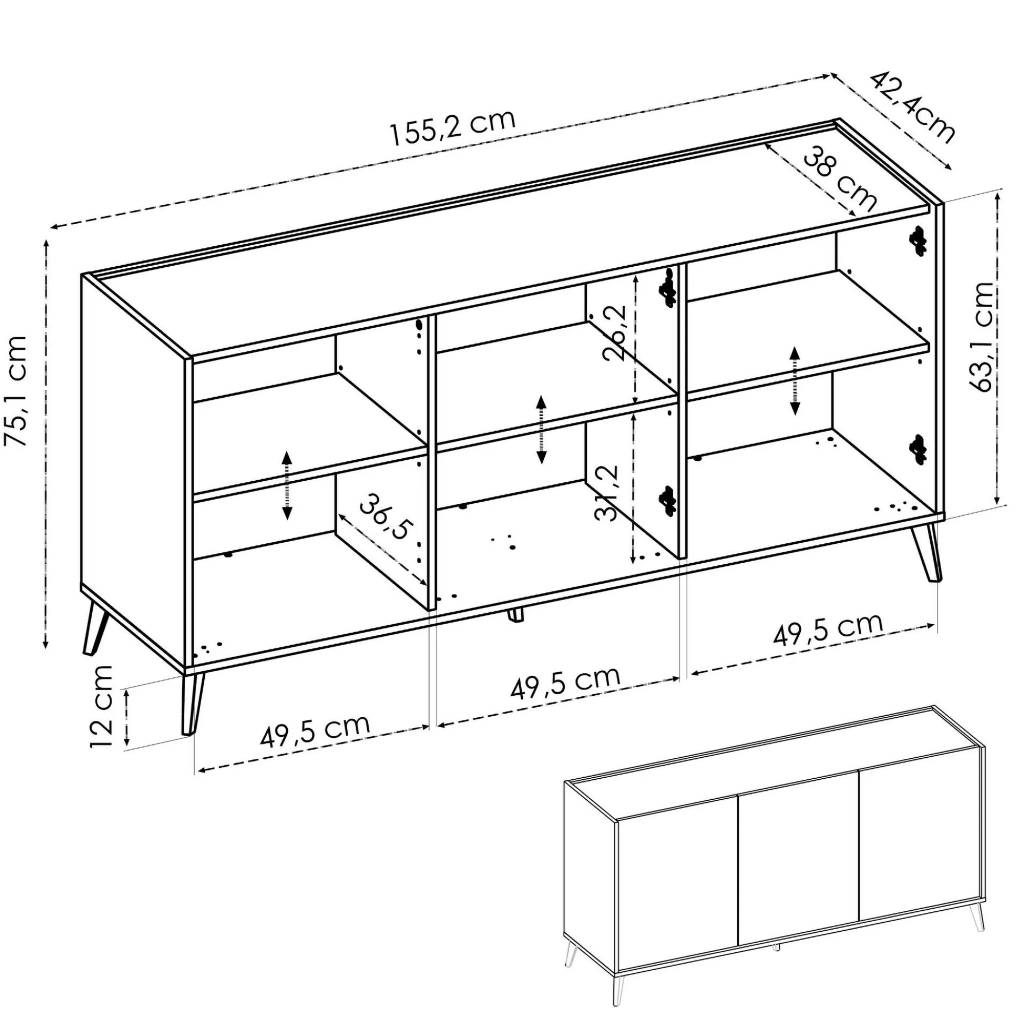 Credenza Dadop, 155x43h75 cm,<Dmora Fashion