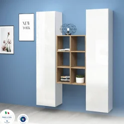 Credenza Danila, cm 140x30h180, Bianco lucido e Acero<Dmora Best Sale