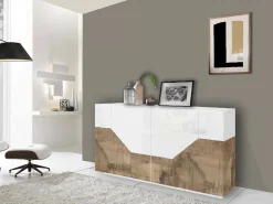 Credenza Dasllan, cm 159x43h86, Bianco lucido e Acero<Dmora Store