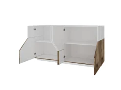 Credenza Dasllan, cm 159x43h86, Bianco lucido e Acero<Dmora Store