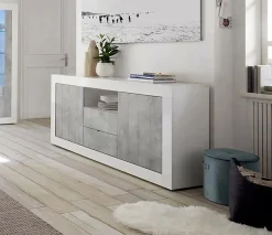 Credenza Ddaniel, 184x42 h86 cm, Bianco lucido e Cemento<Dmora Hot