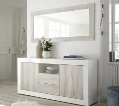 Credenza Ddaniel, 184x42 h86 cm, Bianco lucido e Cemento<Dmora Hot