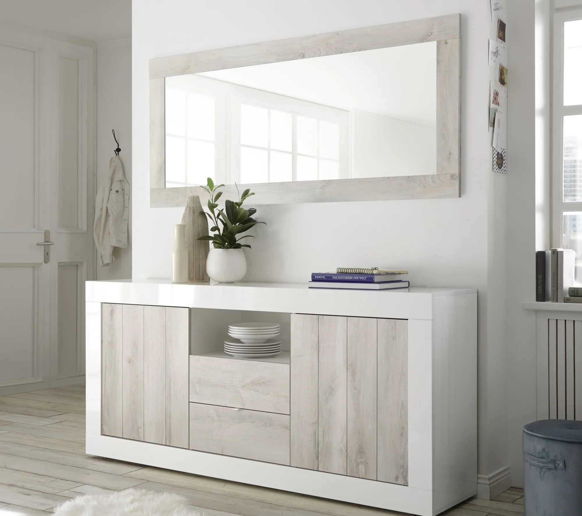 Credenza Ddaniel, 184x42 h86 cm, Bianco lucido e Cemento<Dmora Hot