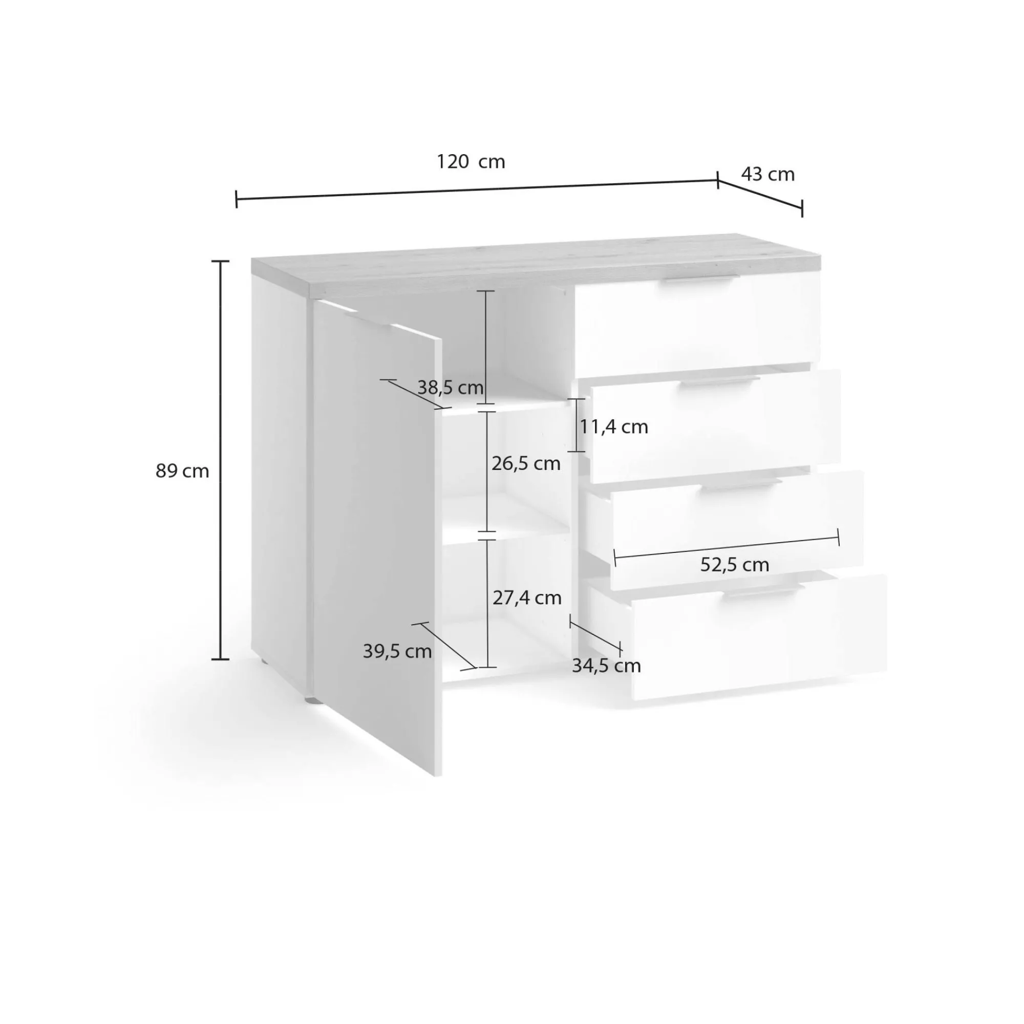 Credenza Ddelorenz, 120x43h89 cm, Bianco lucido e Rovere<Dmora Cheap