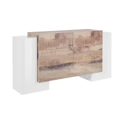 Credenza Dguan, cm 170x45h85, Bianco lucido e Acero<Dmora Shop