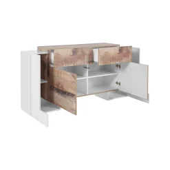 Credenza Dguan, cm 170x45h85, Bianco lucido e Acero<Dmora Shop