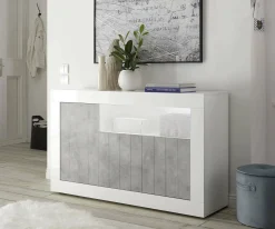 Credenza Diguodal, 138x42 h86 cm, Cemento e Bianco lucido<Dmora Sale