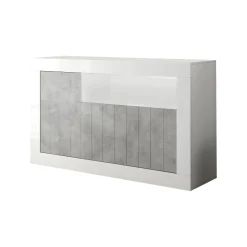Credenza Diguodal, 138x42 h86 cm, Cemento e Bianco lucido<Dmora Sale