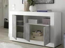 Credenza Diguodal, 138x42 h86 cm, Cemento e Bianco lucido<Dmora Sale