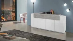 Credenza Discordia, cm 200x45h86, Bianco lucido e Cemento<Dmora New