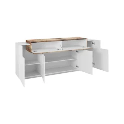 Credenza Discordia, cm 200x45h86, Bianco lucido e Acero<Dmora Hot