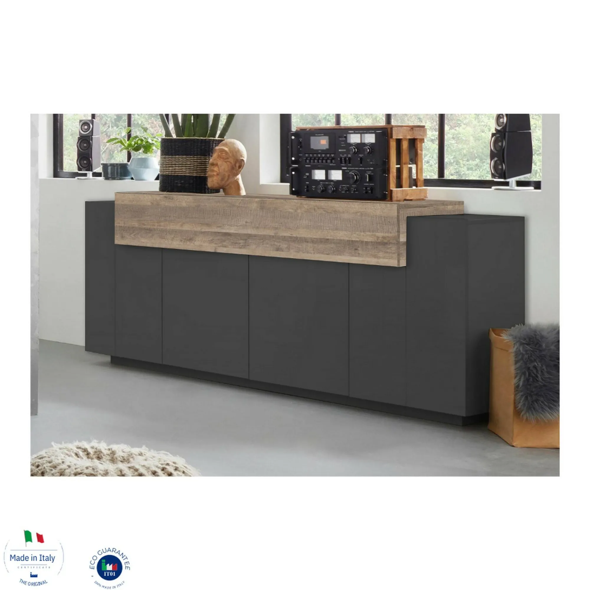 Credenza Discordia, cm 220x45h86, Antracite e Acero<Dmora Store