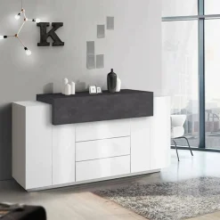Credenza Dismajl, cm 160x45h86, Bianco lucido e Ardesia<Dmora Best