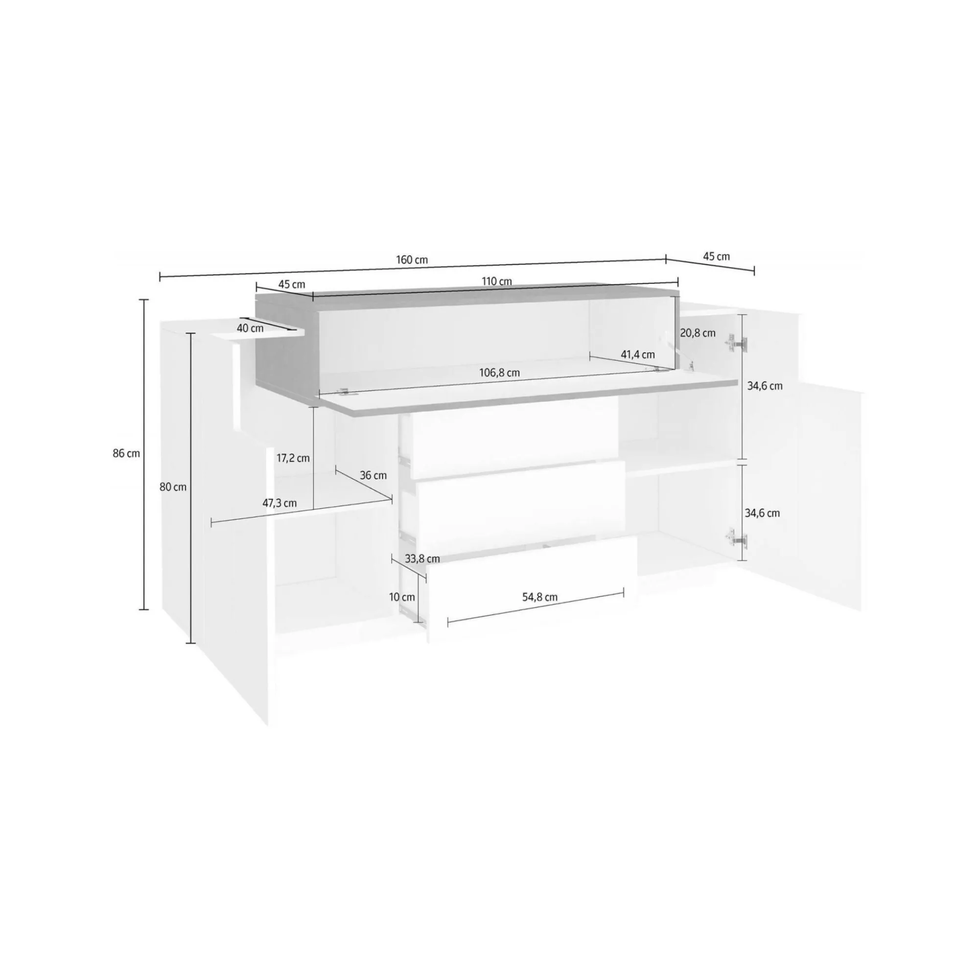 Credenza Dismajl, cm 160x45h86, Bianco lucido e Ardesia<Dmora Best