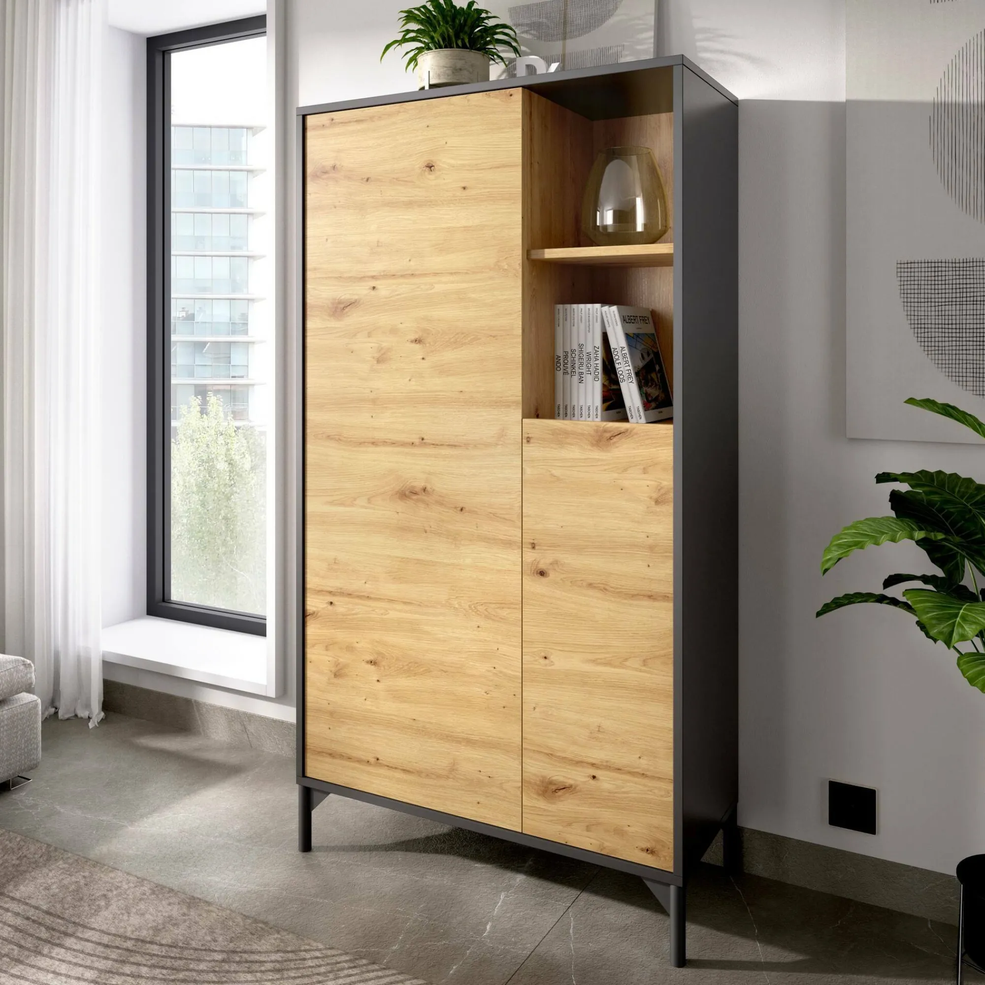 Credenza Dkessi, 72x34h144 cm, Rovere Nodi e Antracite<Dmora Hot