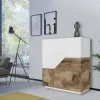 Credenza Dkoud, cm 100x43h106, Bianco lucido e Acero<Dmora Sale