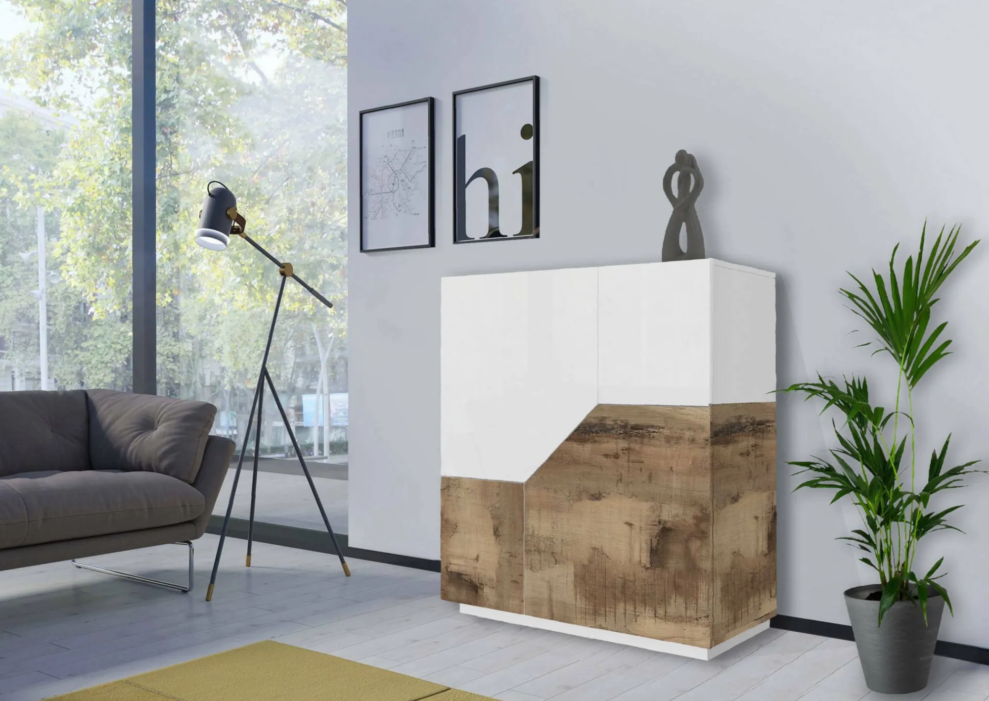 Credenza Dkoud, cm 100x43h106, Bianco lucido e Acero<Dmora Sale