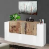 Credenza Dlenz, cm 160x45h86, Bianco lucido e Acero<Dmora Store