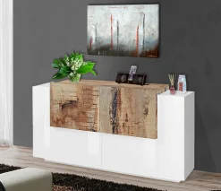 Credenza Dlenz, cm 160x45h86, Bianco lucido e Acero<Dmora Store