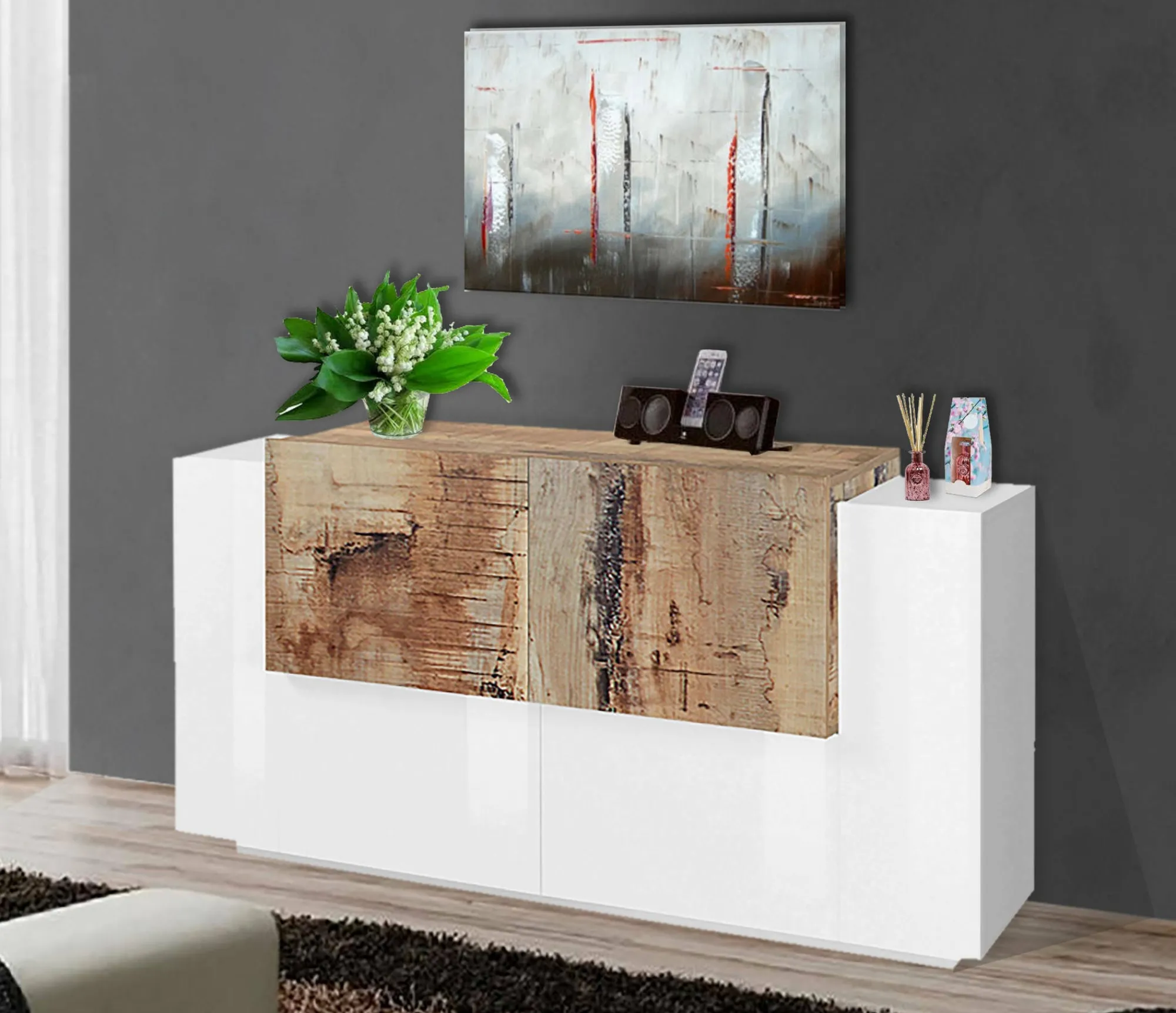 Credenza Dlenz, cm 160x45h86, Bianco lucido e Acero<Dmora Store