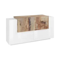 Credenza Dlenz, cm 160x45h86, Bianco lucido e Acero<Dmora Store