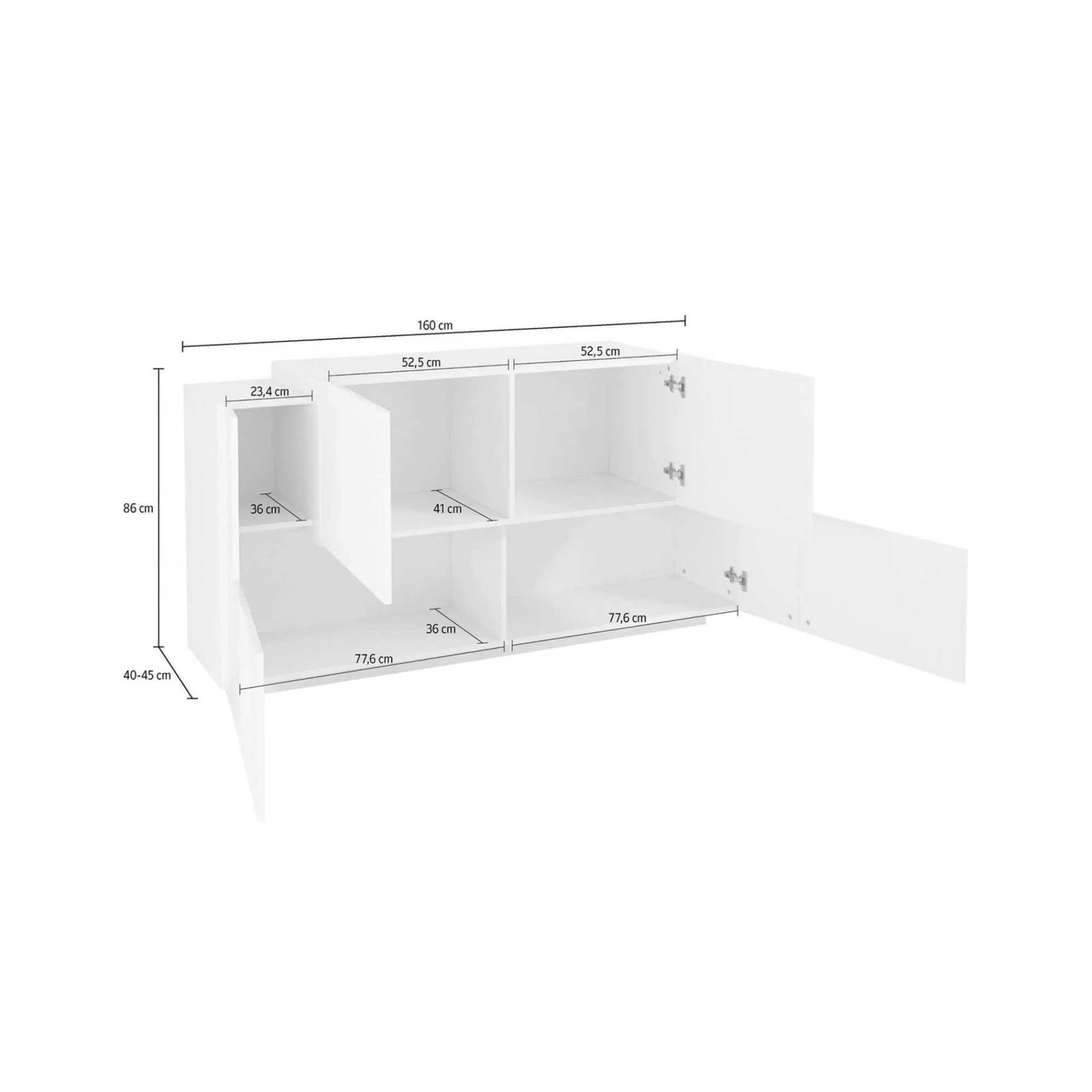 Credenza Dlenz, cm 160x45h86, Bianco lucido e Acero<Dmora Store