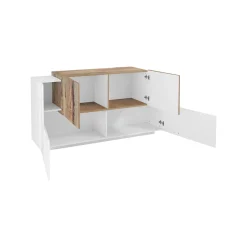 Credenza Dlenz, cm 160x45h86, Bianco lucido e Acero<Dmora Store