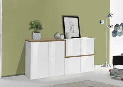 Credenza Dmati, cm 160x40h80, Bianco lucido e Acero<Dmora New