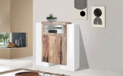 Credenza Dmaye, cm 130x45h135, Bianco lucido e Acero<Dmora New