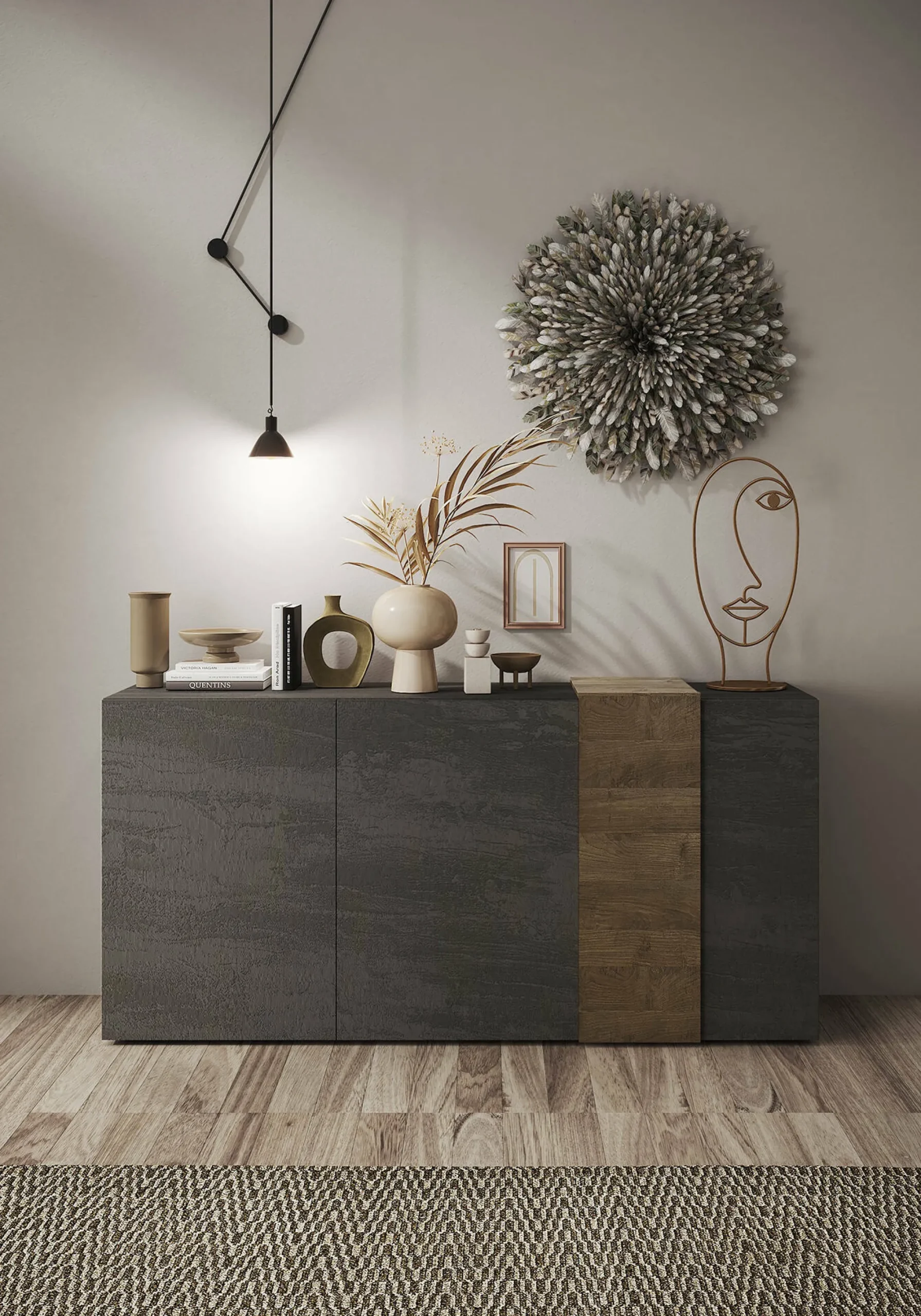 Credenza Dmiddleto, 181x44 h86 cm, Ardesia e Noce<Dmora Fashion