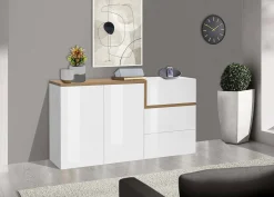 Credenza Dmot, cm 150x40h80, Bianco lucido e Acero<Dmora Flash Sale