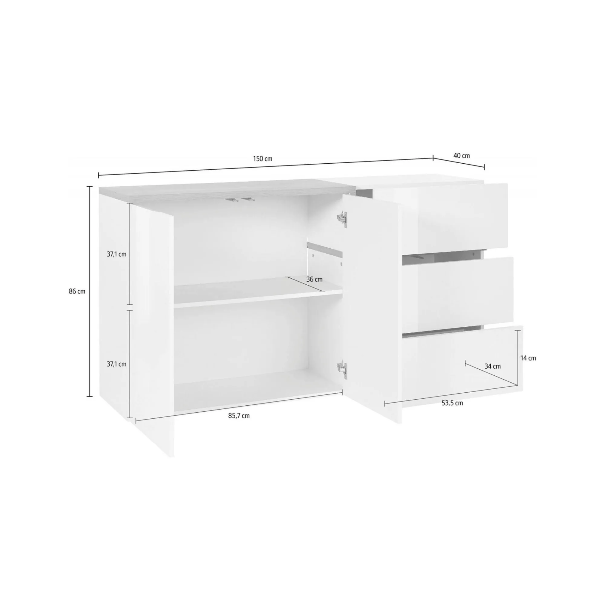 Credenza Dmot, cm 150x40h80, Bianco lucido e Acero<Dmora Flash Sale