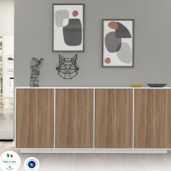 Credenza Dnande, cm 180x41h86, Bianco lucido e Noce<Dmora Sale