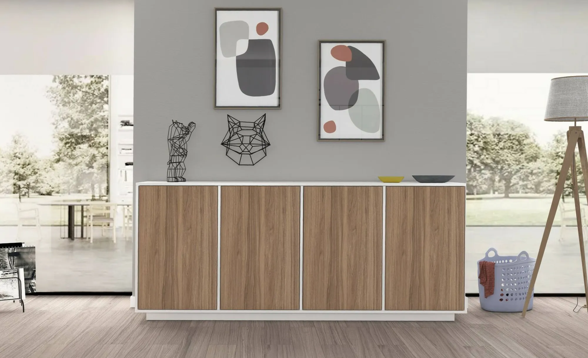 Credenza Dnande, cm 180x41h86, Bianco lucido e Noce<Dmora Sale