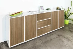 Credenza Dnast, cm 220x41h86, Bianco lucido e Noce<Dmora Hot