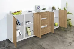 Credenza Dnast, cm 220x41h86, Bianco lucido e Noce<Dmora Hot