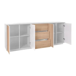 Credenza Dnast, cm 220x41h86, Bianco lucido e Noce<Dmora Hot