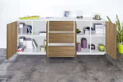 Credenza Dnast, cm 220x41h86, Bianco lucido e Noce<Dmora Hot