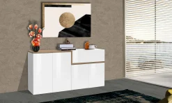 Credenza Dnebol, cm 160x40h80, Bianco lucido e Acero<Dmora New