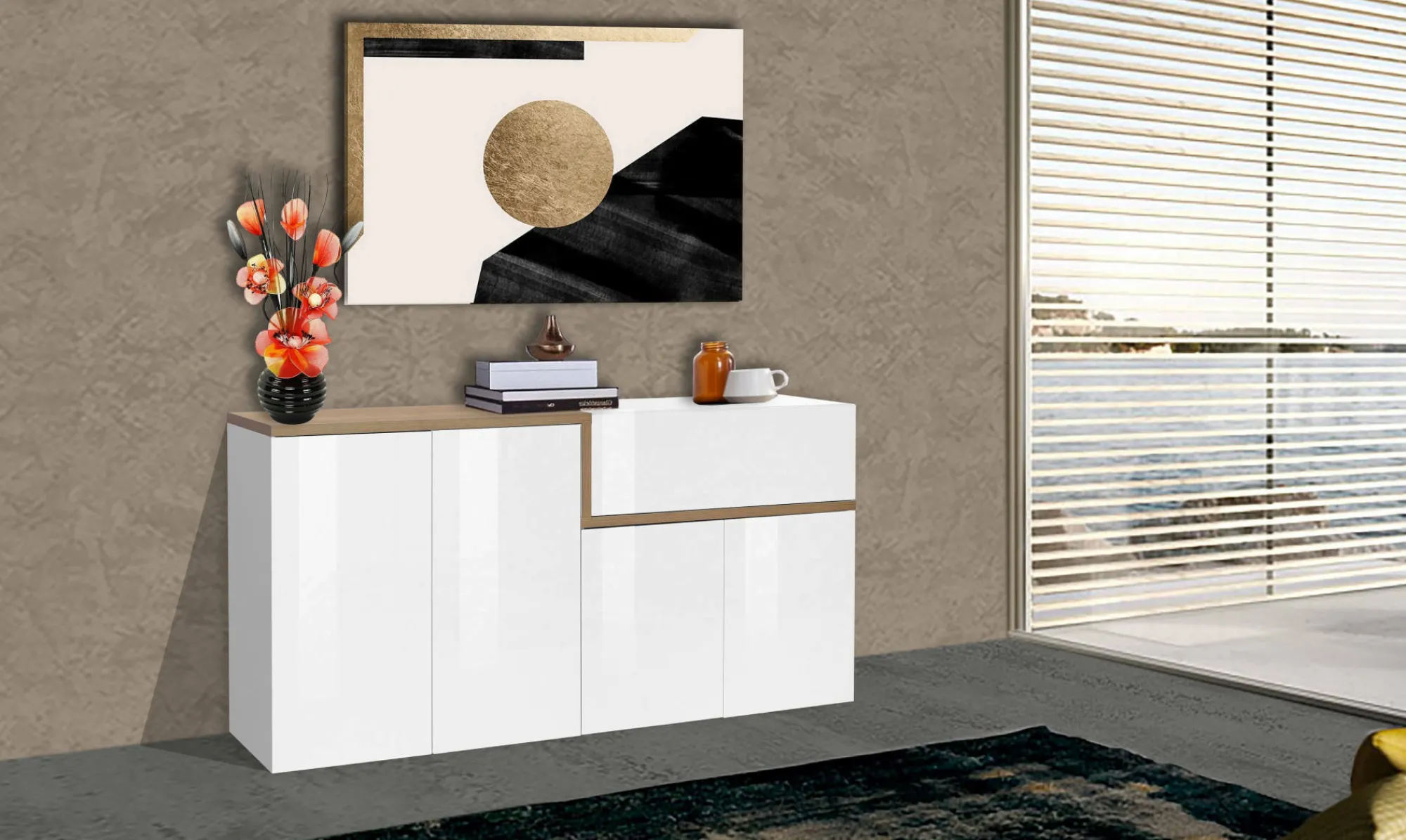 Credenza Dnebol, cm 160x40h80, Bianco lucido e Acero<Dmora New