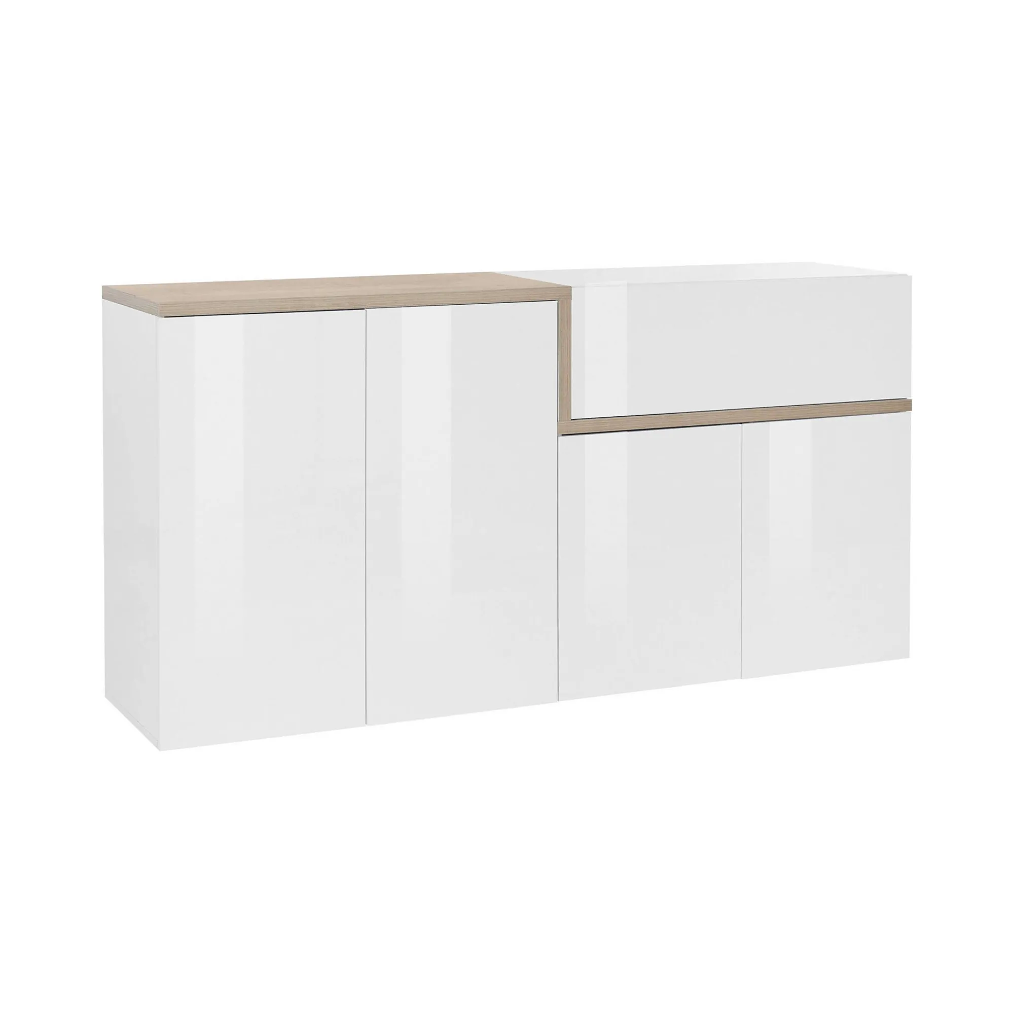 Credenza Dnebol, cm 160x40h80, Bianco lucido e Acero<Dmora New