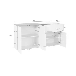 Credenza Dnebol, cm 160x40h80, Bianco lucido e Acero<Dmora New