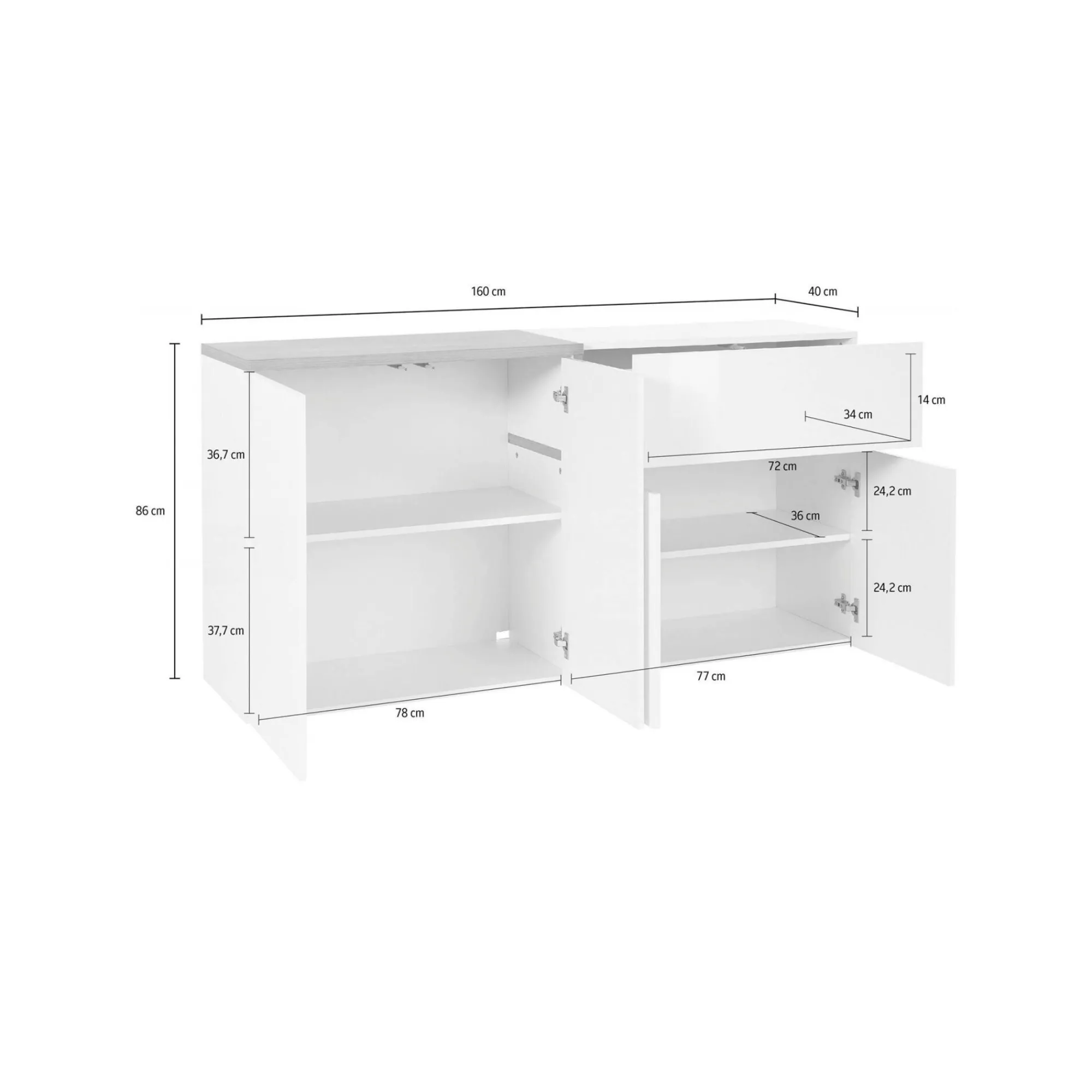 Credenza Dnebol, cm 160x40h80, Bianco lucido e Acero<Dmora New