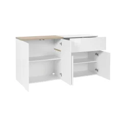 Credenza Dnebol, cm 160x40h80, Bianco lucido e Acero<Dmora New