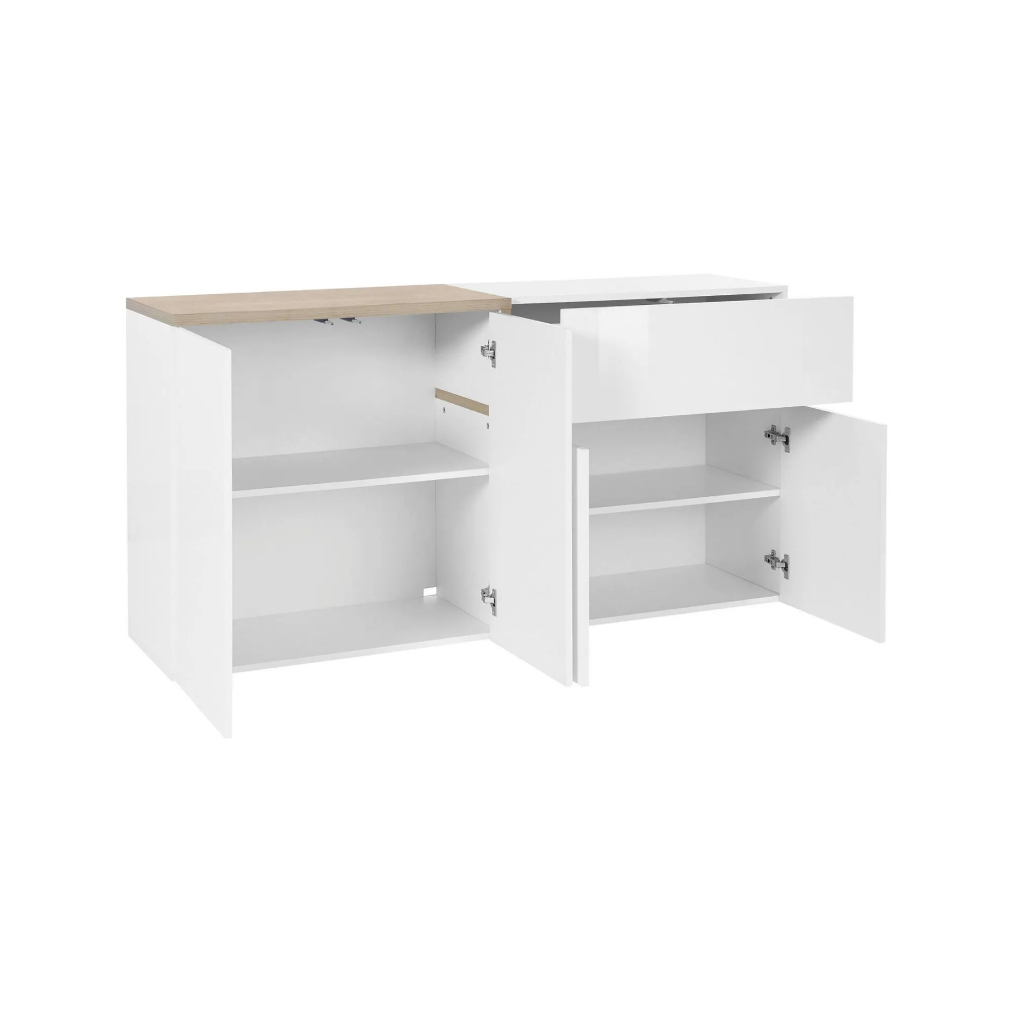 Credenza Dnebol, cm 160x40h80, Bianco lucido e Acero<Dmora New