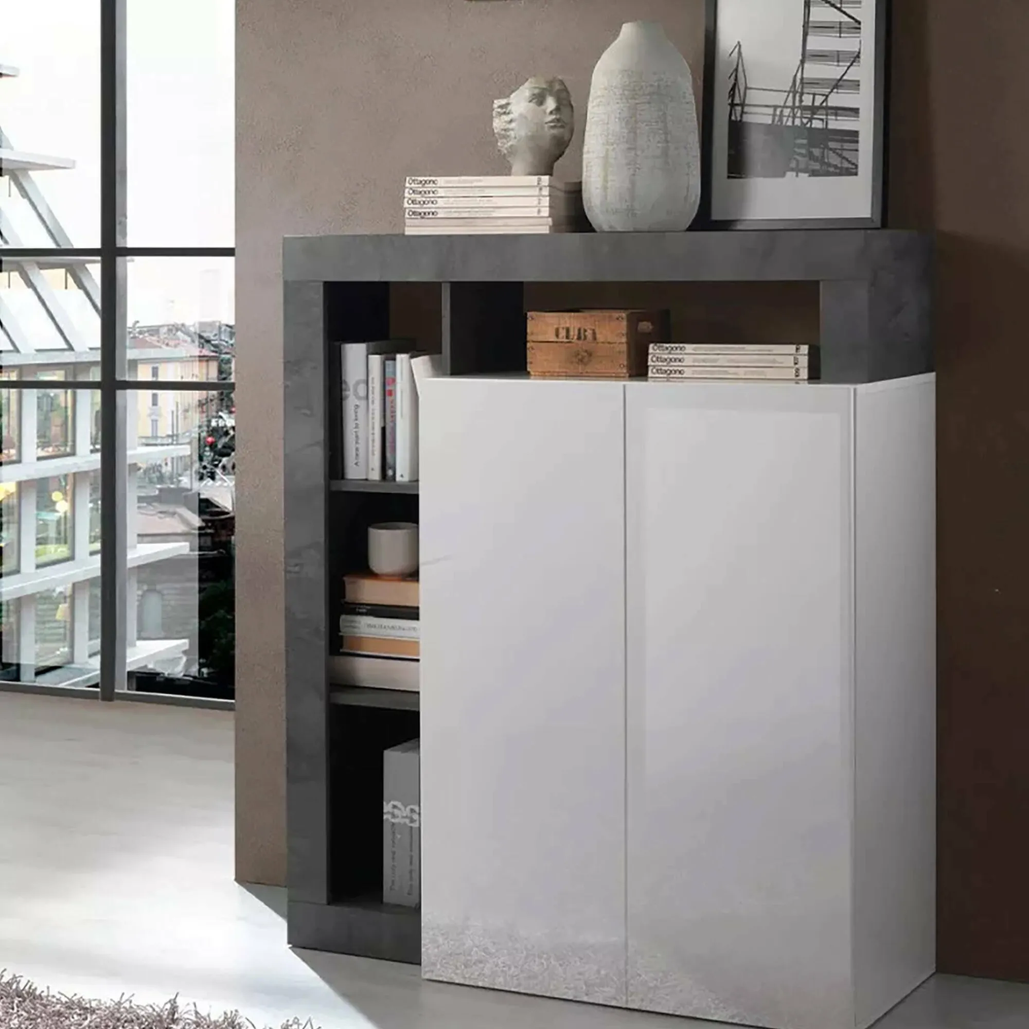 Credenza Dsmar, 108x42 h127 cm, Bianco lucido e Ardesia<Dmora Sale