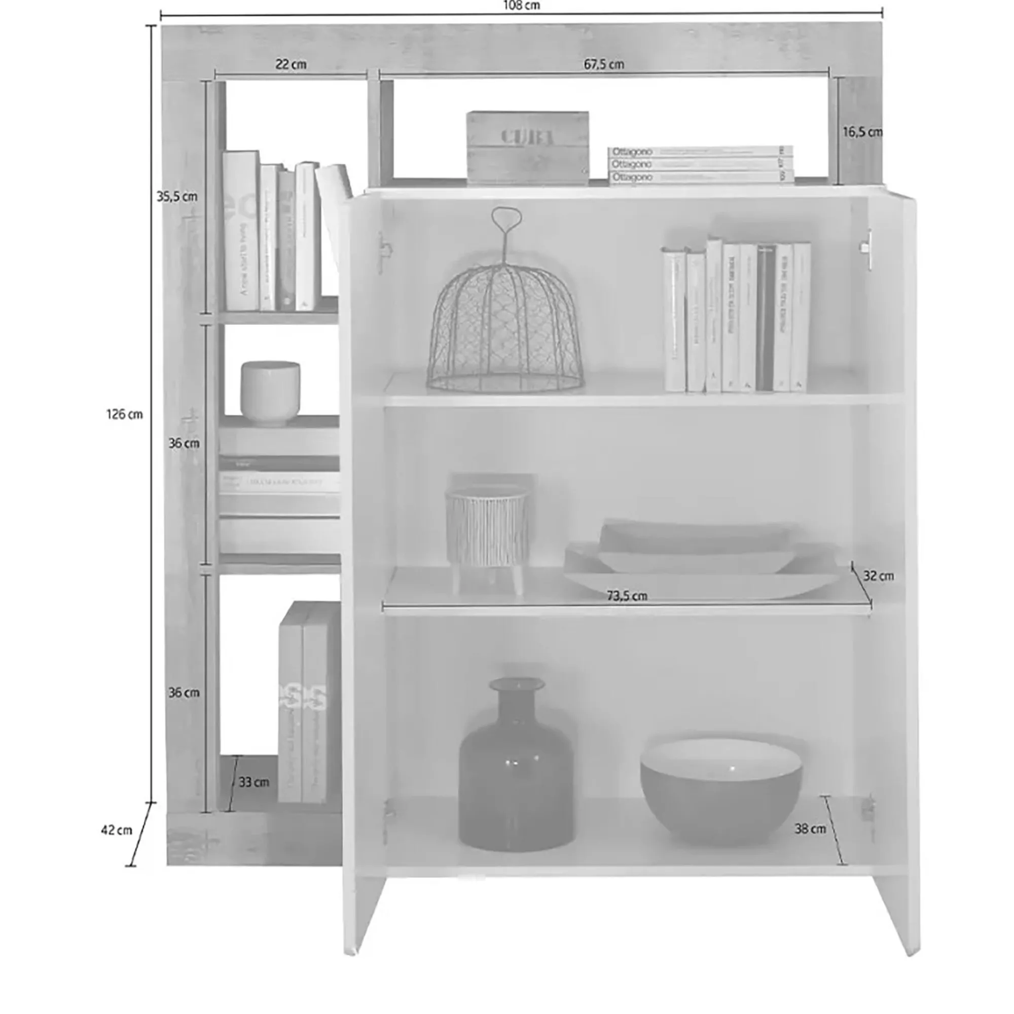 Credenza Dsmar, 108x42 h127 cm, Bianco lucido e Ardesia<Dmora Sale
