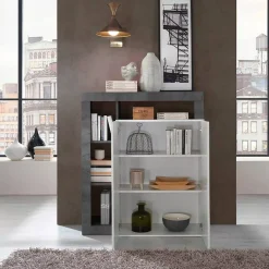 Credenza Dsmar, 108x42 h127 cm, Bianco lucido e Ardesia<Dmora Sale